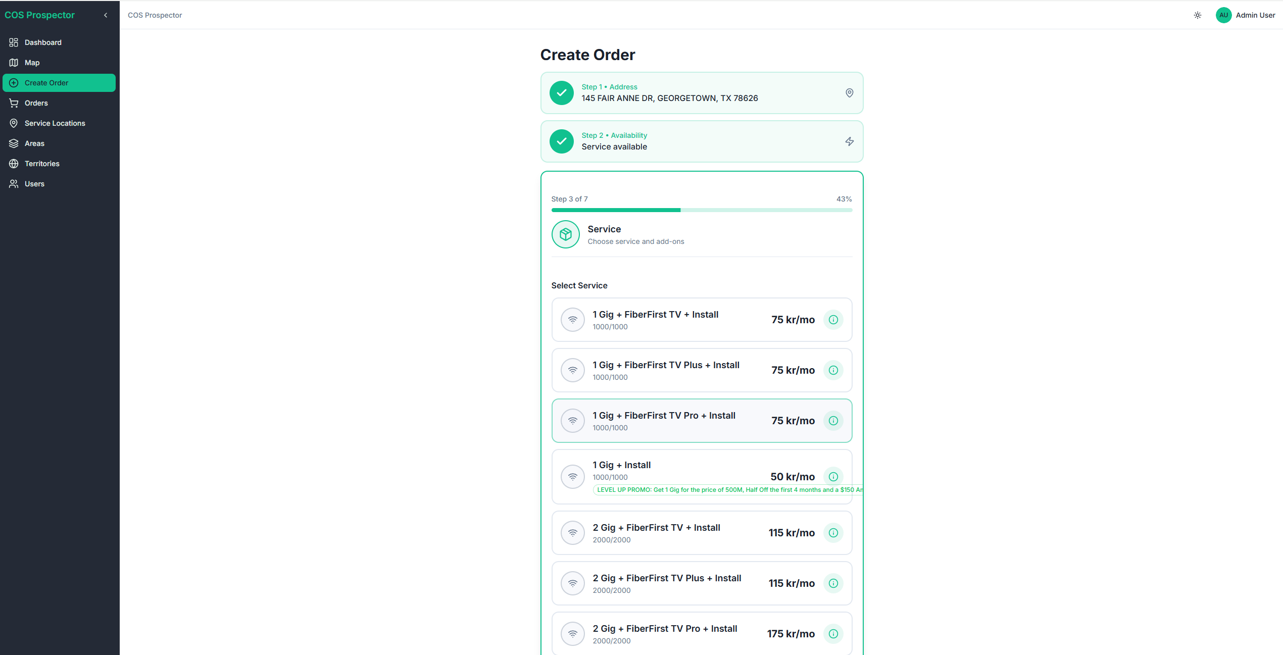 COS Prospector order wizard step 2: service plan selection showing 1 Gig and 2 Gig options with FiberFirst TV tiers and live pricing