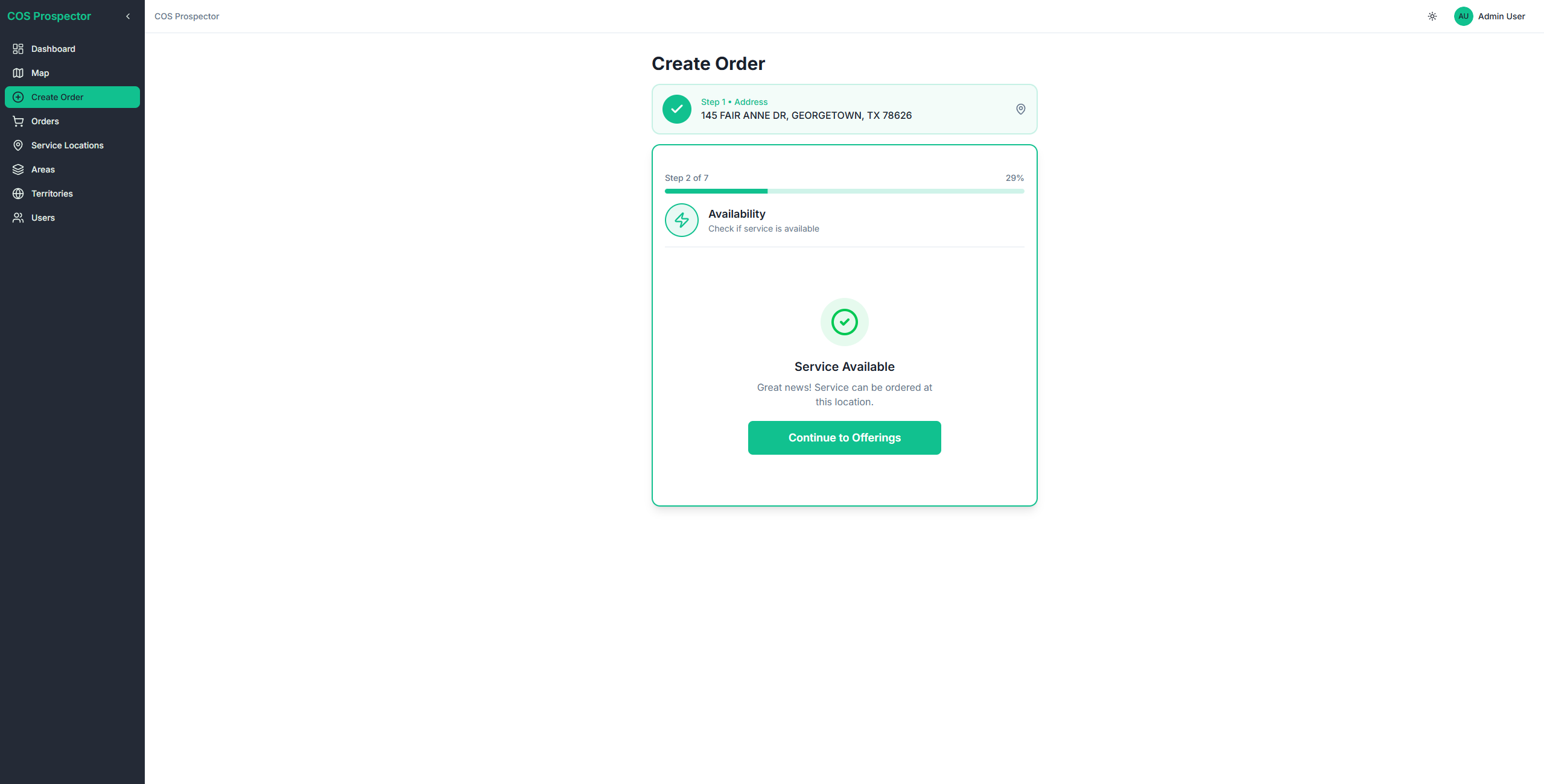 COS Prospector order wizard step 1: real-time serviceability check confirming fiber service is available at the entered address
