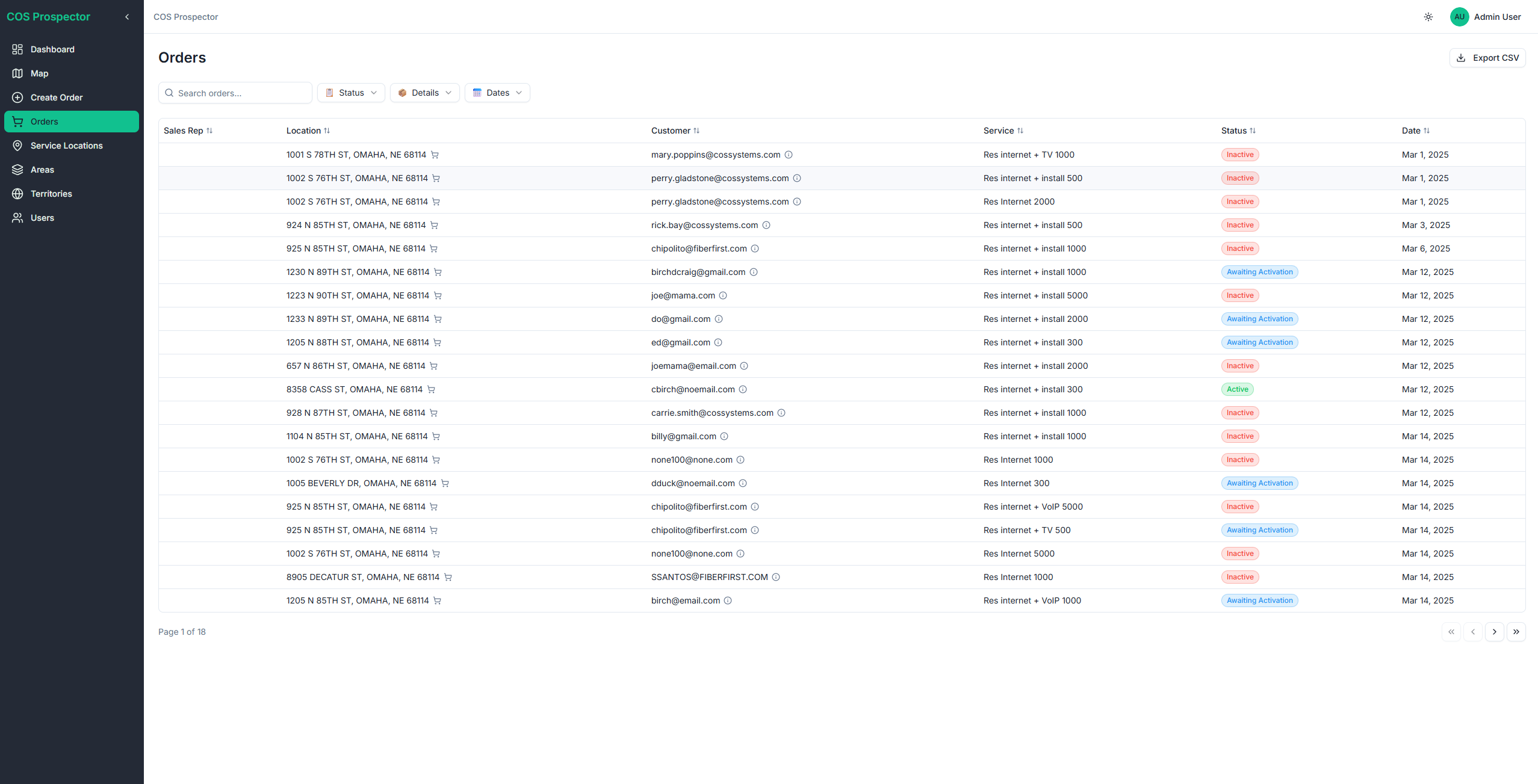 COS Prospector orders list showing all territory orders with status, sales rep assignment, service name, and creation date across paginated results