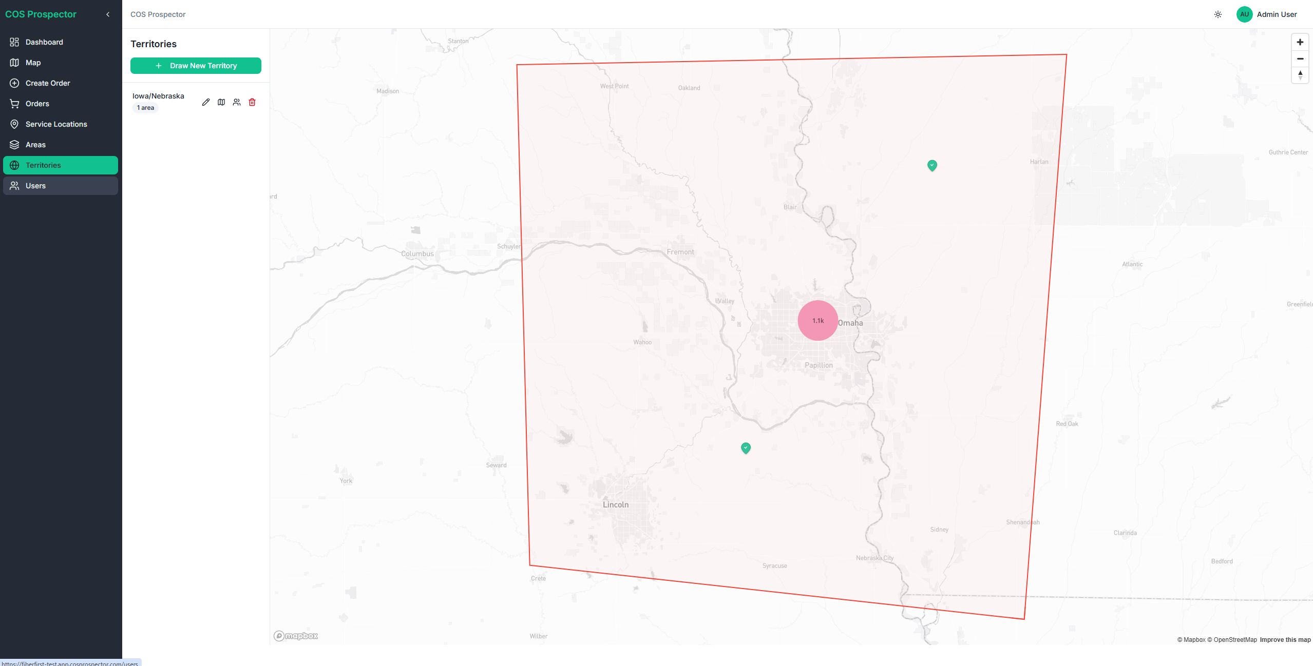 COS Prospector territory management view showing polygon-drawn sales boundaries across an Iowa/Nebraska service area